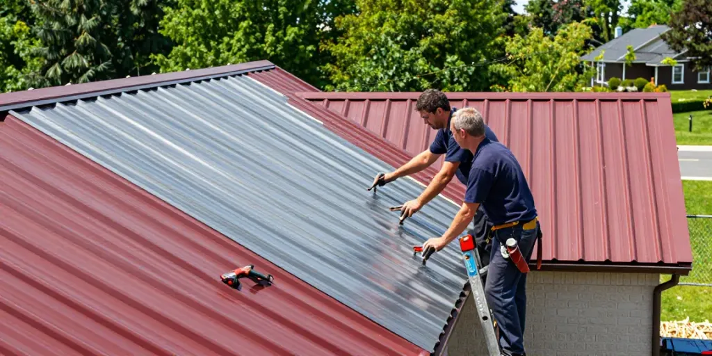 MRoof metal roofing installation showcasing skilled professionals on site.