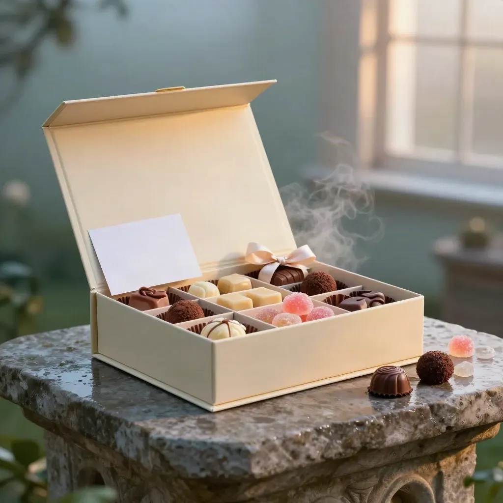 Open custom candy gift box with caramels, truffles, gummies and ribbon on rain-damp stone.