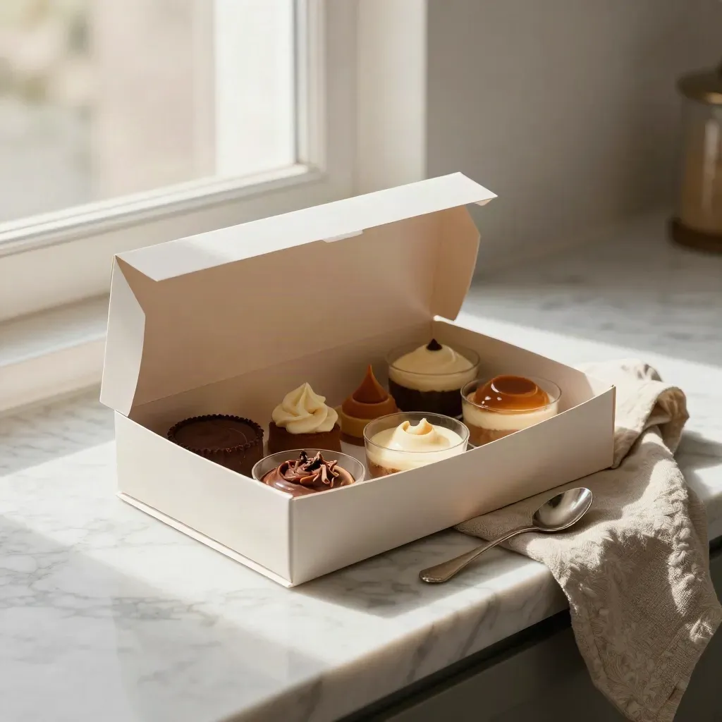 Dessert sampler box with petite treats, napkin, cups, and spoon on marble in soft window light
