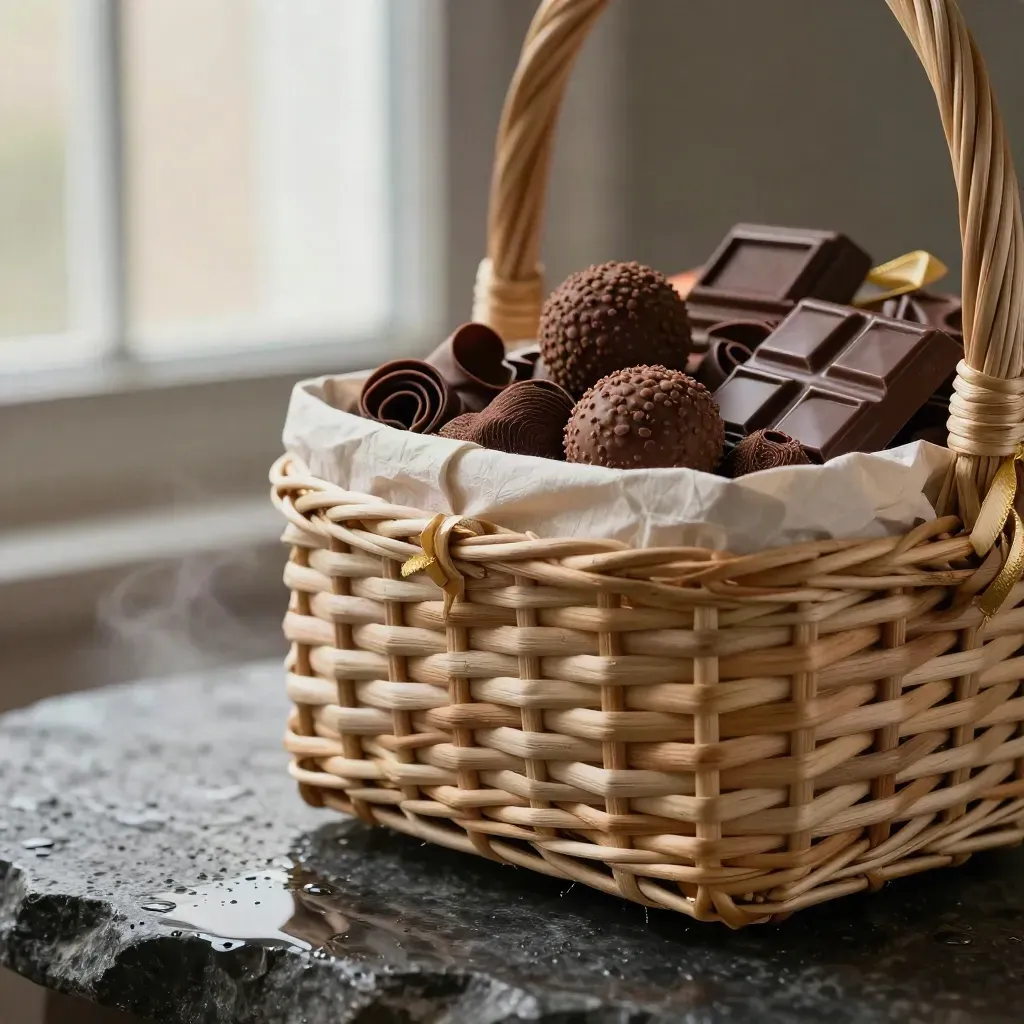 Macro chocolate gift basket on rain-dark stone with mist and gold ribbon.