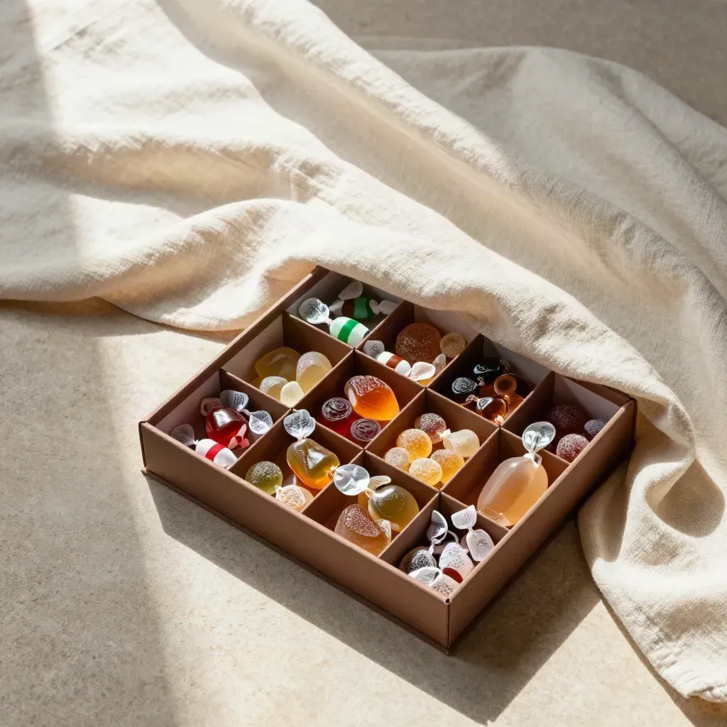 Overhead candy box half-buried in cream linen with assorted sweets