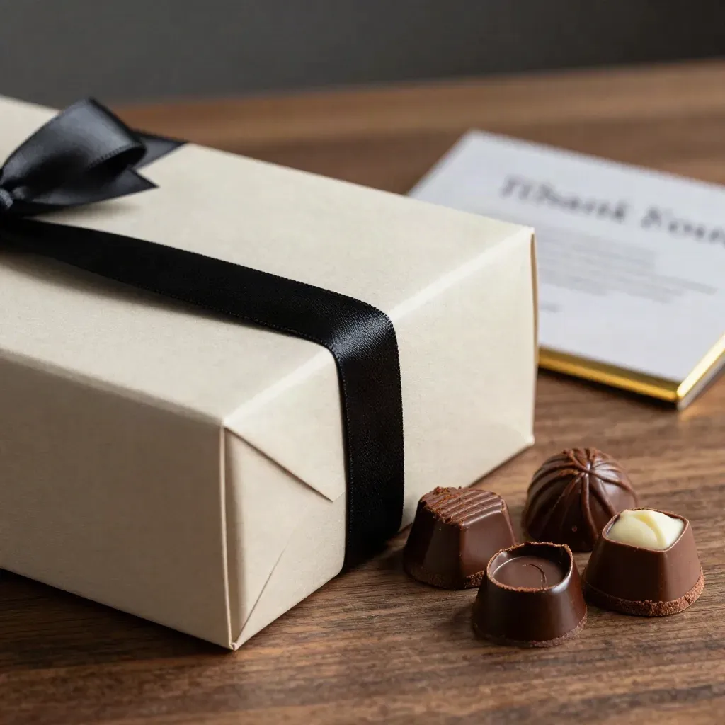 Macro of a matte black-ribbon thank-you box with chocolates on smoked walnut.