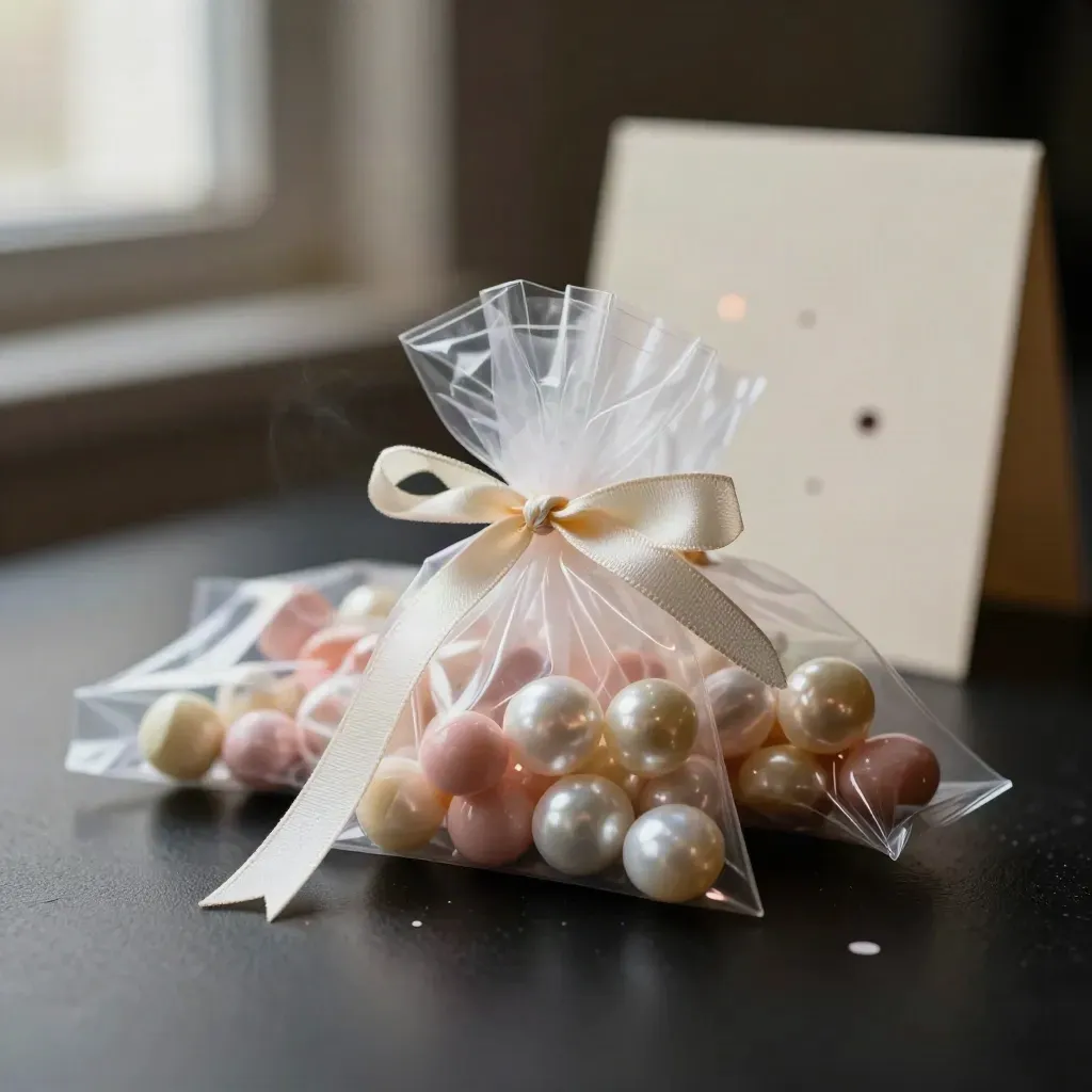 Mini birthday favor packs clipped with ribbon, fanned open with pastel candies on matte black.