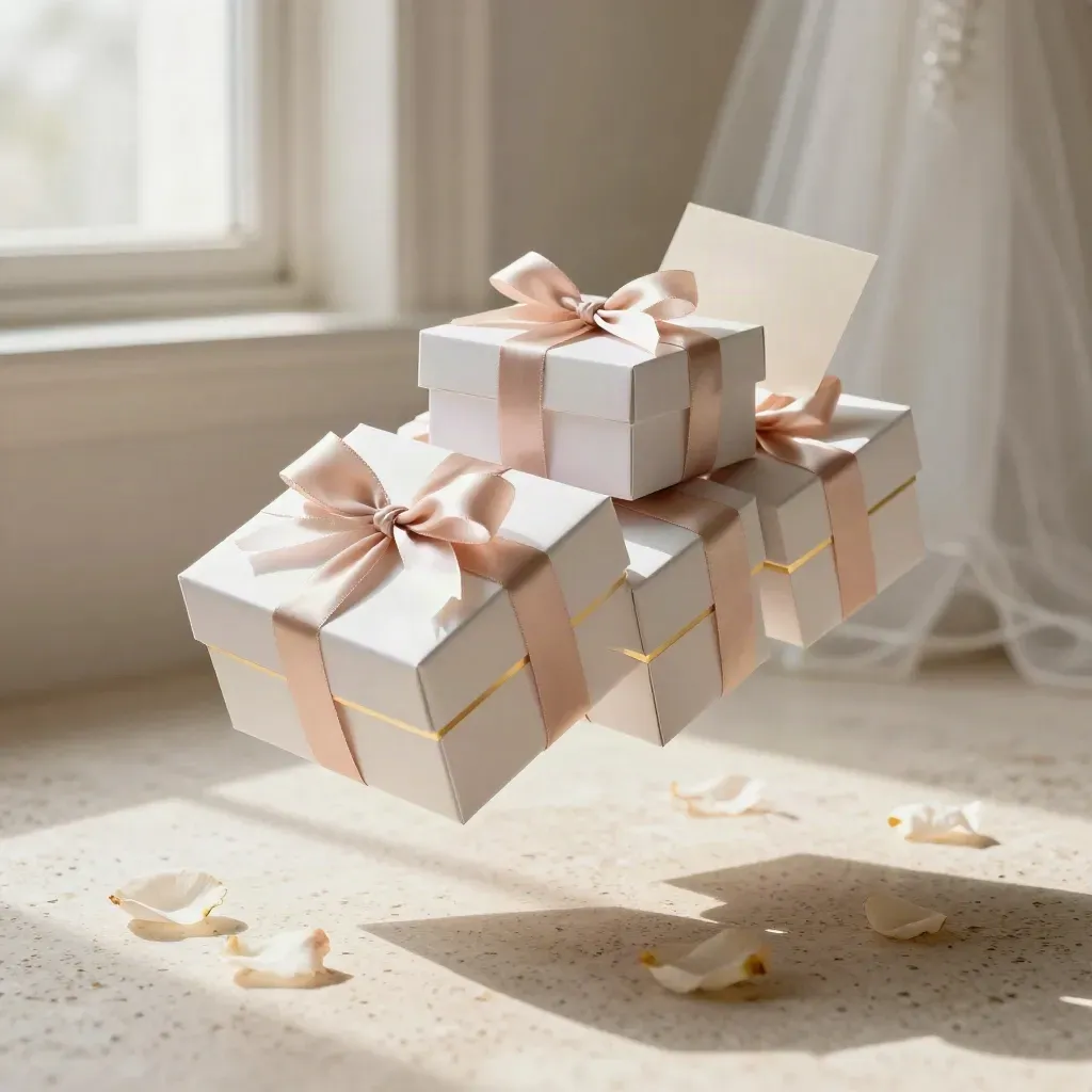 White wedding treat boxes with blush ribbons, gold edges, and drifting petals on travertine.