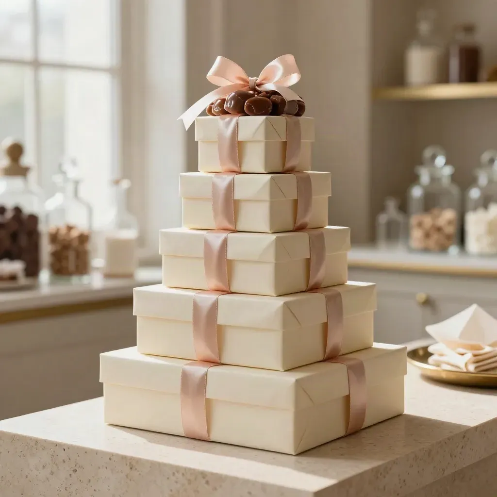 Candy tower of nested gift boxes with wrapped sweets on travertine, softly lit in a luxe showroom.