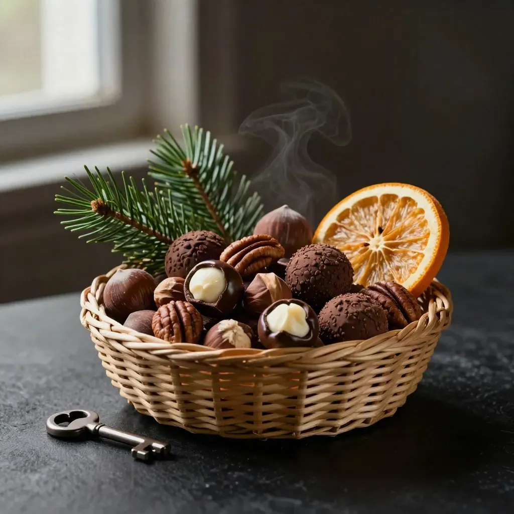 Holiday treat basket with truffles, nuts and candies on matte black, lit by cool rim light and winter haze.