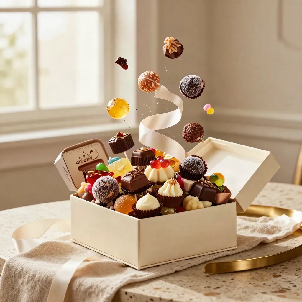 Opened gift box bundle with assorted candies, chocolates, and desserts on travertine