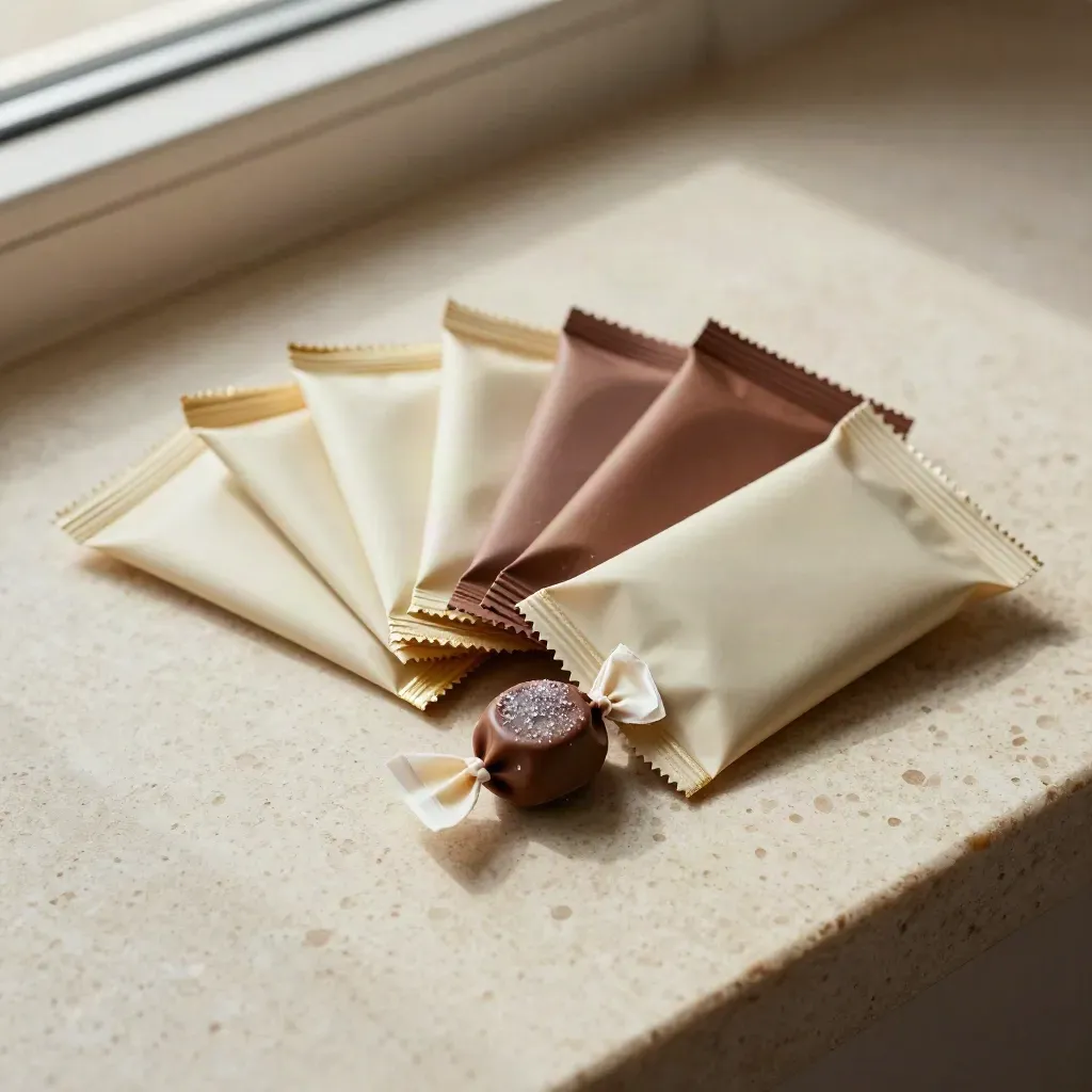 Macro fan of six candy favor sleeves with tiny wrapped sweets on travertine