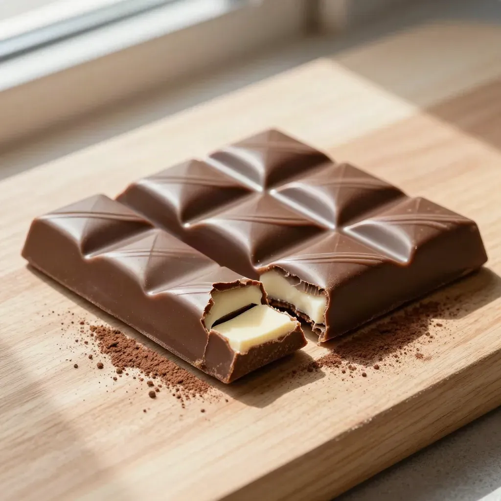 Overhead flat lay of four milk chocolate bars with one snapped square on a pale board.