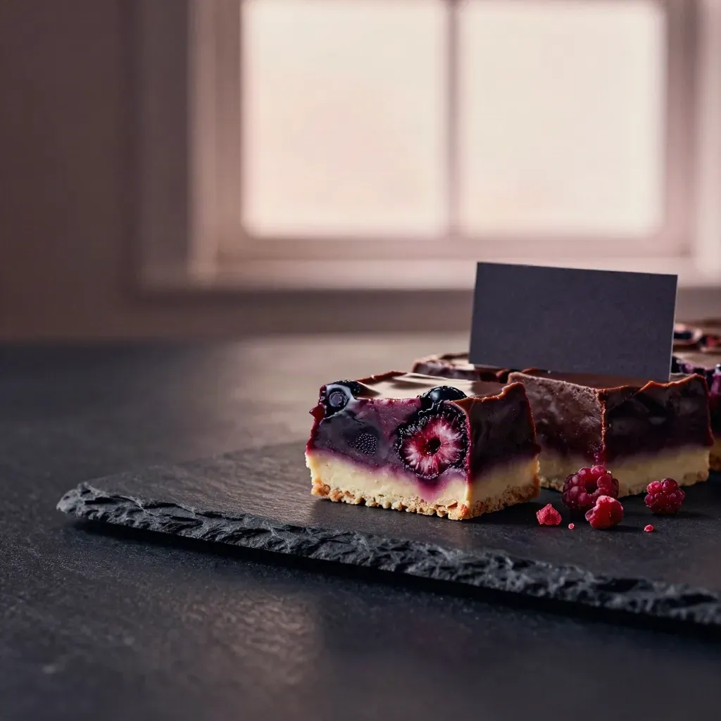 Berry fudge sampler on dark slate with a cut square, crumbs, mist, and a blurred backing card.
