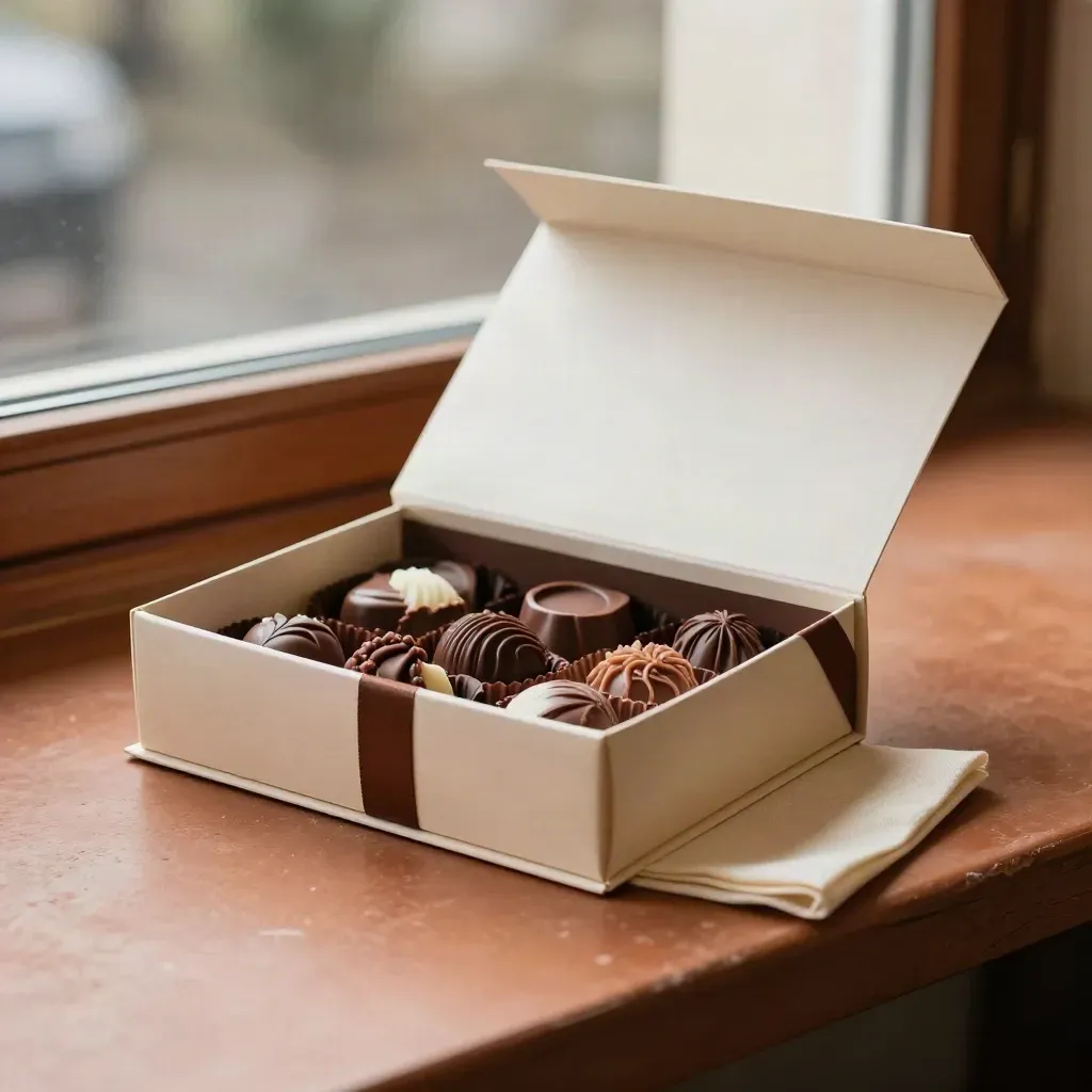 Open treat box with chocolates and linen napkin on a terracotta surface by an office window