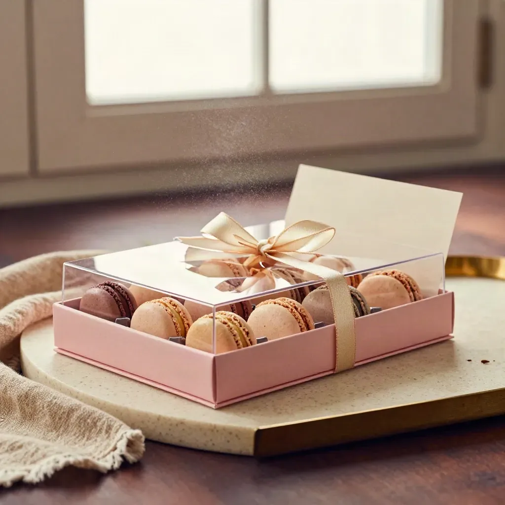 Clear-lidded pink macaron gift set with twelve macarons and gold accent on travertine