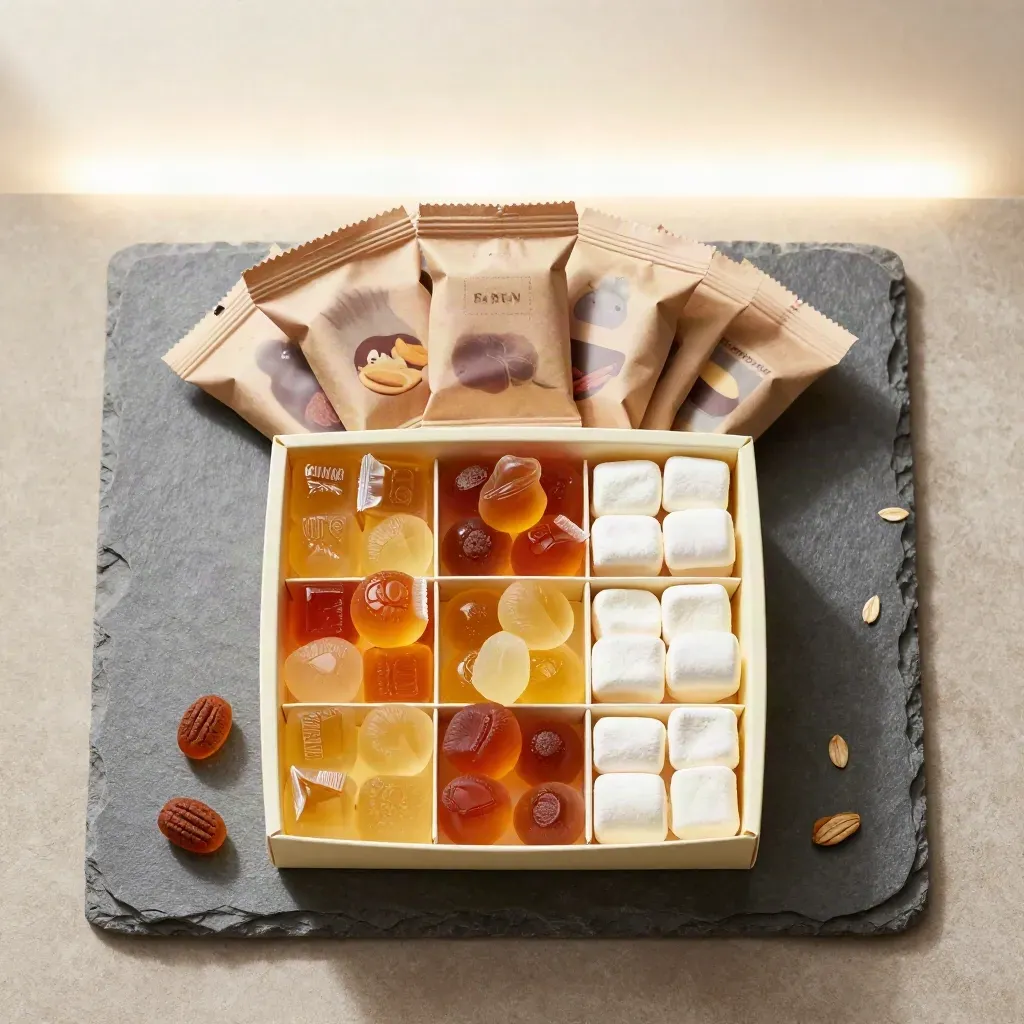 Overhead nut-free sweet box with gummies, marshmallows and mini treats on a limestone slab.