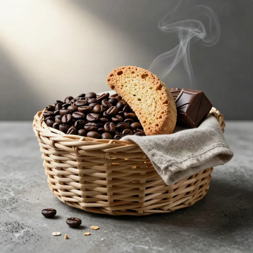 Coffee gift basket close-up with beans, biscotti and wrapped chocolates on concrete.