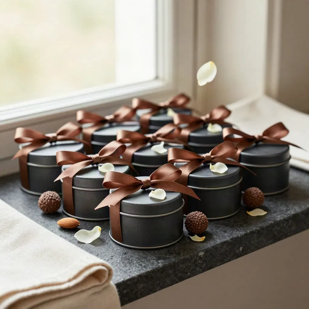 Matte wedding favor tins tied with cocoa ribbon, petals and sweets on a graphite stone ledge.