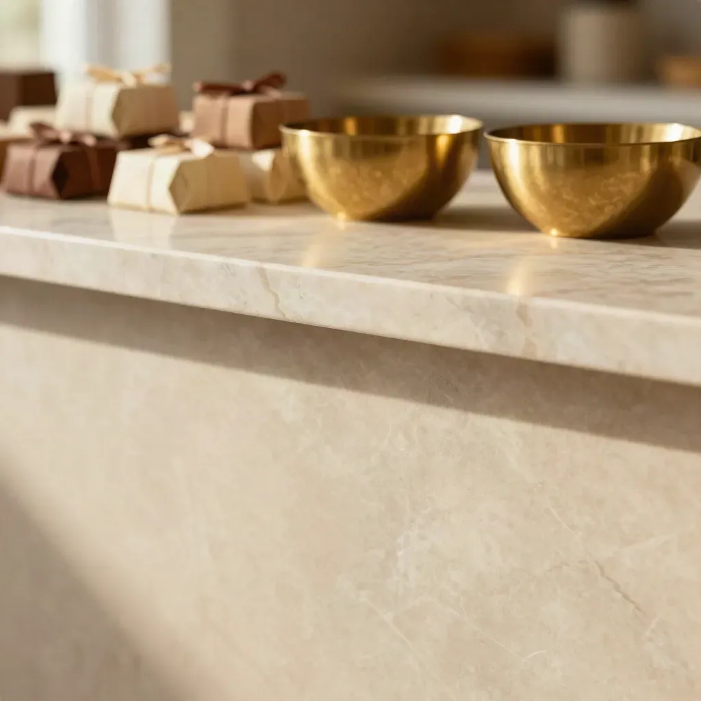Marble bakery counter with blurred candy boxes and brass bowls in soft morning light