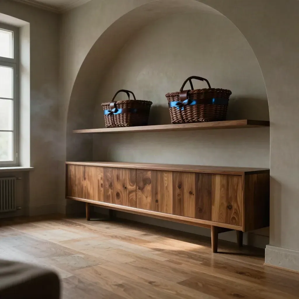 Sunlit cedar dessert room with blurred chocolate baskets and calm copy space below